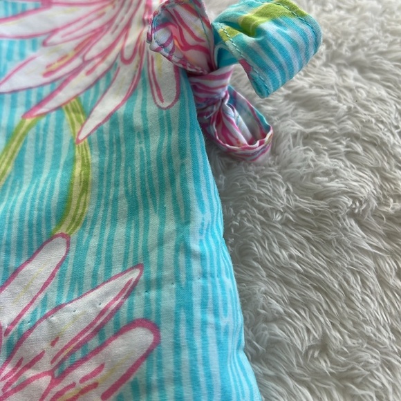 Lilly Pulitzer Girls Size 7 Aqua Pink Floral Shift Dress Pockets & Side Tie - Picture 4 of 13